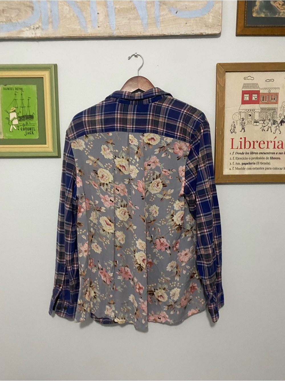 Upcycled Plaid & Floral Button-Up Shirt - Blue/Grey